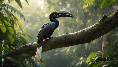 A majestic black hornbill perched on a massive tree branch in a lush tropical rainforest. The bird features glossy dark plumage, a large curved black bill, and a distinctive white tail illuminated by 