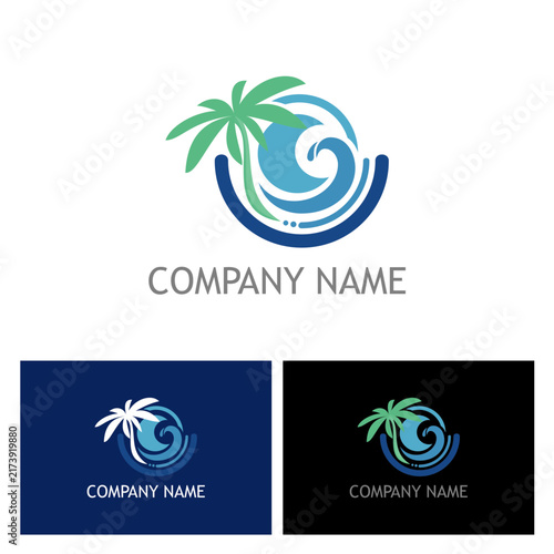Tropical Breeze Company Logo Showcasing Harmony of Coastal Elements with a Palm Tree and Circular Wave Design Embodying Serenity and Refreshment for a Business Identity