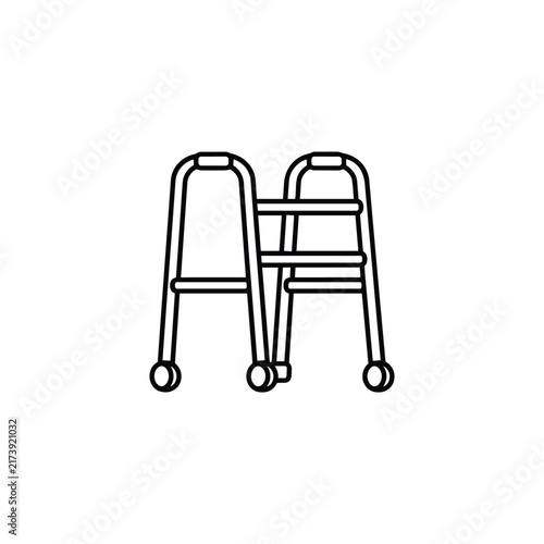 Two walking frames with wheels for mobility assistance, balance and supported walking, black outline vector icon isolated on white background
