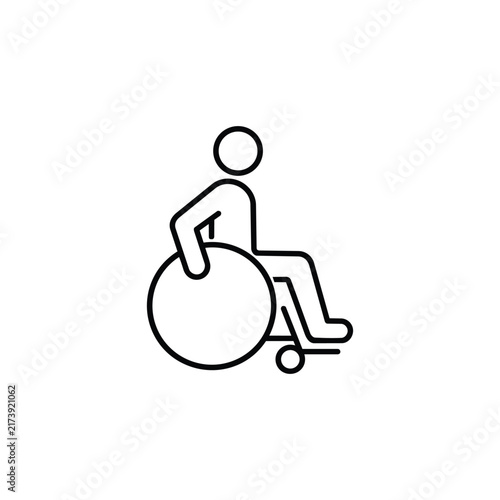 Person seated in wheelchair showing manual mobility and disability accessibility, black outline vector icon isolated on white background
