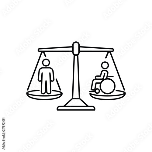 Balance scale with standing person and wheelchair user representing disability equality, black outline vector icon isolated on white background