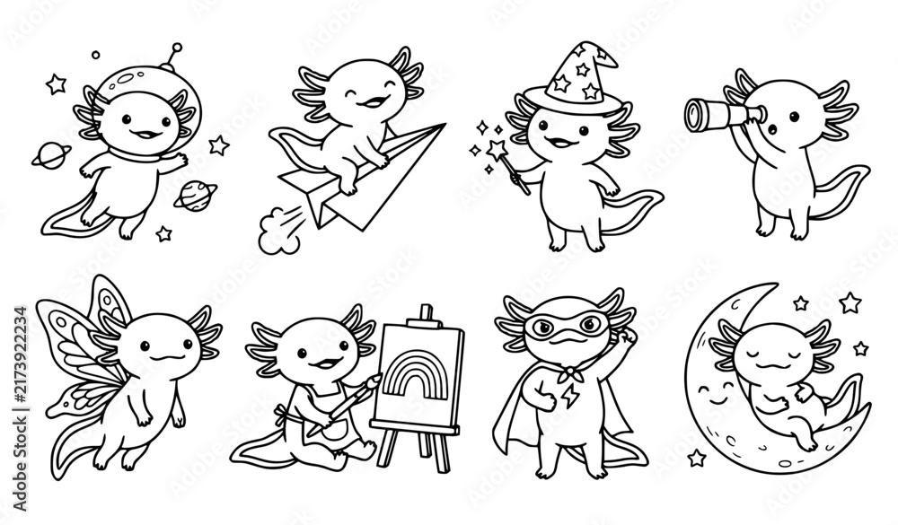 Fototapeta premium Cute Axolotl Imagination Activities Fantasy Doodle Sticker Black Outline Vector Set