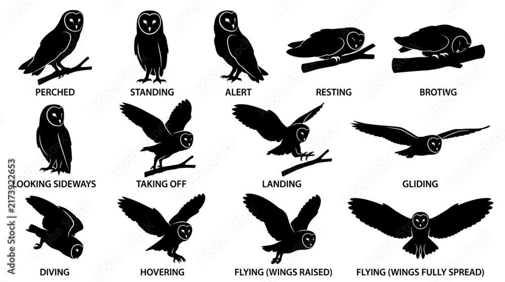 Obraz premium Collection of Owl Silhouettes Showing Various Poses and Actions.
