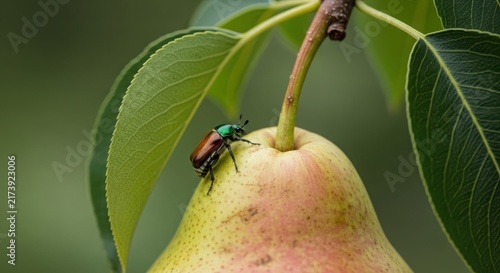 Japanese Beetle Perched on a Ripe Pear Branch Amidst Lush Green Leaves
