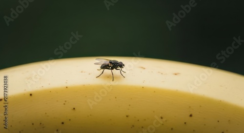 Macro photograph of a common fly resting on the curved surface of a ripe banana, highlighting intricate insect details.