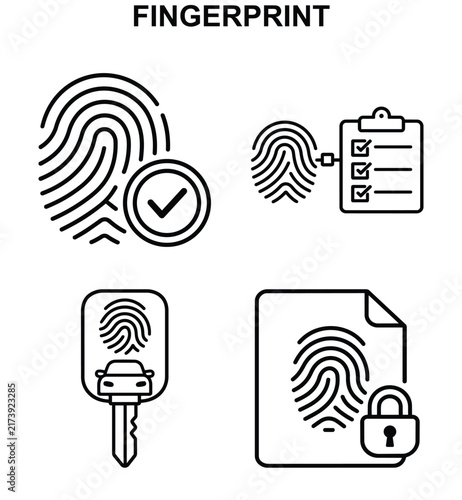 Fingerprint biometric security icon set with verification, checklist, car key and locked document, black outline vector collection isolated on white background