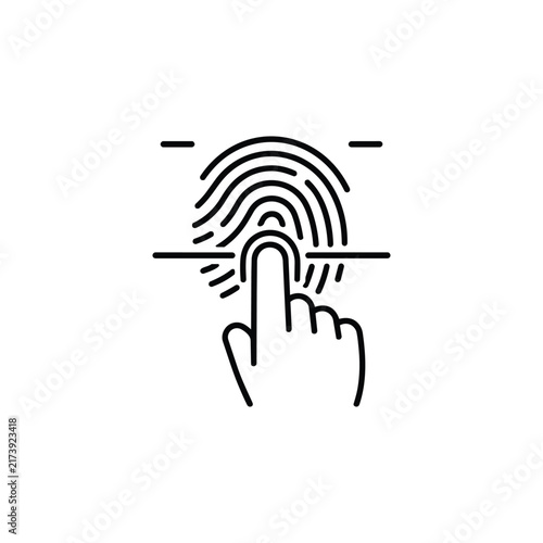 Finger touching fingerprint scanner for biometric login and interactive identity authentication, black outline vector icon isolated on white background