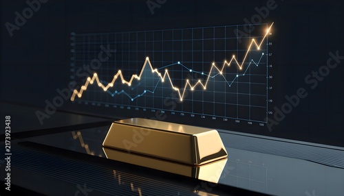 Gold bullion bar with upward digital stock market chart overlay, investment analysis and growth trend