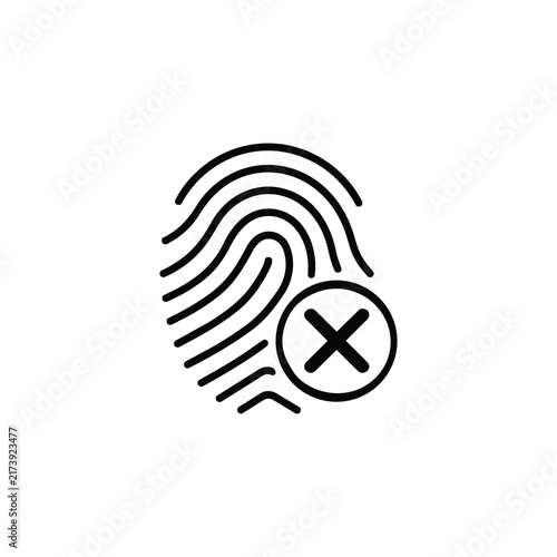 Fingerprint with cross mark for rejected biometric scan and failed identity verification, black outline vector icon isolated on white background