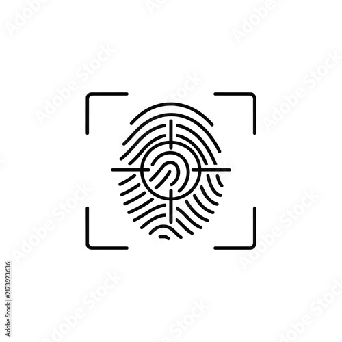 Fingerprint inside scanning target for biometric recognition and identity capture interface, black outline vector icon isolated on white background