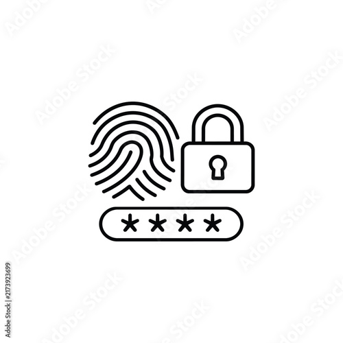 Fingerprint with padlock and password field for protected biometric login and secure account access, black outline vector icon isolated on white background