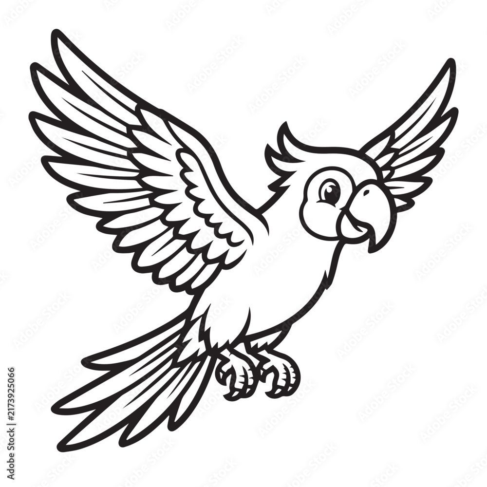 Obraz premium Cute Flying Parrot with Spread Wings Black and White Line Art
