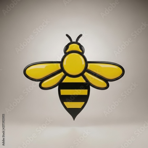 Glossy 3D Render of a Yellow and Black Bee Icon with Stripes and Wings on a Simple Background