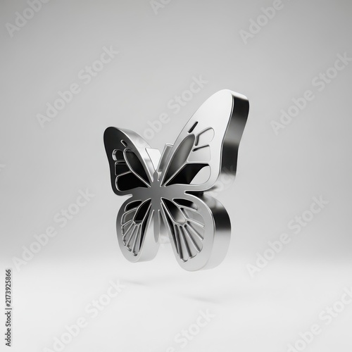 Metallic Silver 3D Rendered Butterfly Icon with Intricate Wing Detail Isolated on a Clean Background