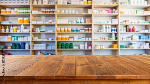 Prescription medication laid on a wooden table with blurred background of pharmacy shelves and medical equipment, prescription, medical equipment