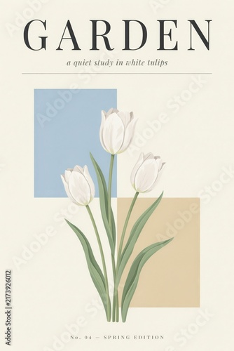 White tulips with geometric shapes on cream background