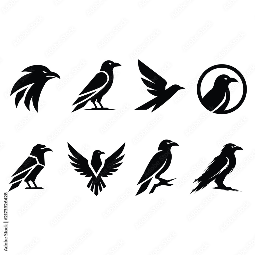 Naklejka premium Crow Bird Silhouette Collection with Flying Perched and Decorative Black Bird Designs
