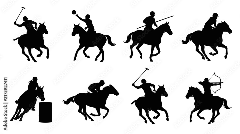 Fototapeta premium Set of horse riding silhouettes in motion, polo players and equestrian sports, dynamic action poses, monochrome flat vector elements