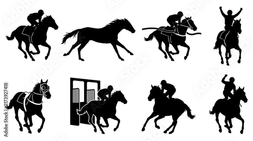 Set of horse racing silhouettes with jockeys in various action poses, racing competition, equestrian sports, speed, motion, derby event icons