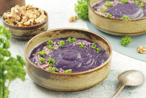 Photography Red cabbage cream soup - traditional dish of Norwegian cuisine