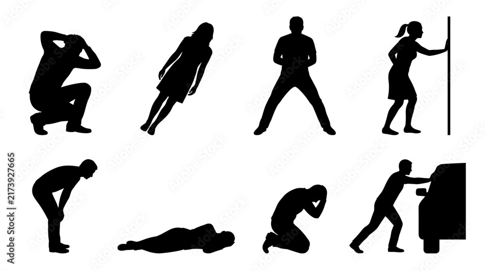 Obraz premium Set of human silhouette postures featuring people standing, pushing, kneeling, and lying, ideal for diverse narrative compositions and storytelling
