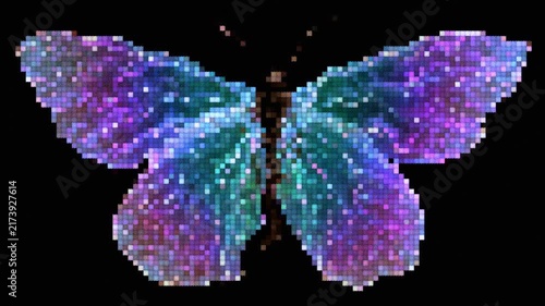 Vibrant pixel art animation of a glowing neon blue and purple butterfly flapping its wings. Ideal for magic fantasy scenes, gaming UI, retro graphics, and vibrant visual effects.