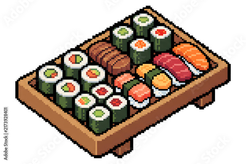 Pixel art sushi platter with rolls and nigiri on wooden tray