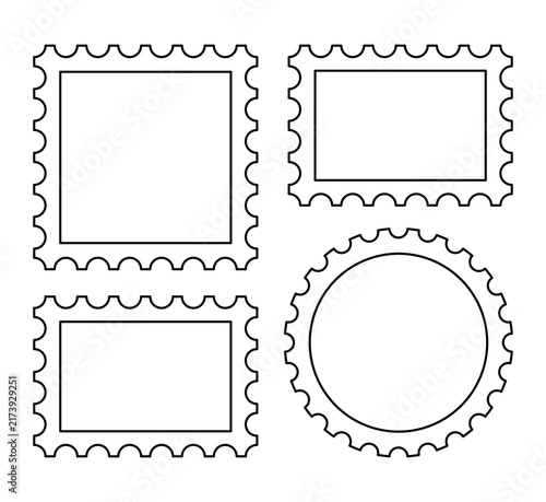 Set of black outline postage stamp shapes with various serrated edges on white background