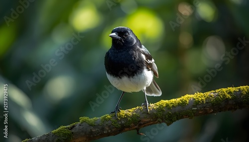 A male Oriental magpie-robin perched on a moss-covered tree branch in a lush green natural environment, illuminated by soft sunlight with a beautiful blurred bokeh background.