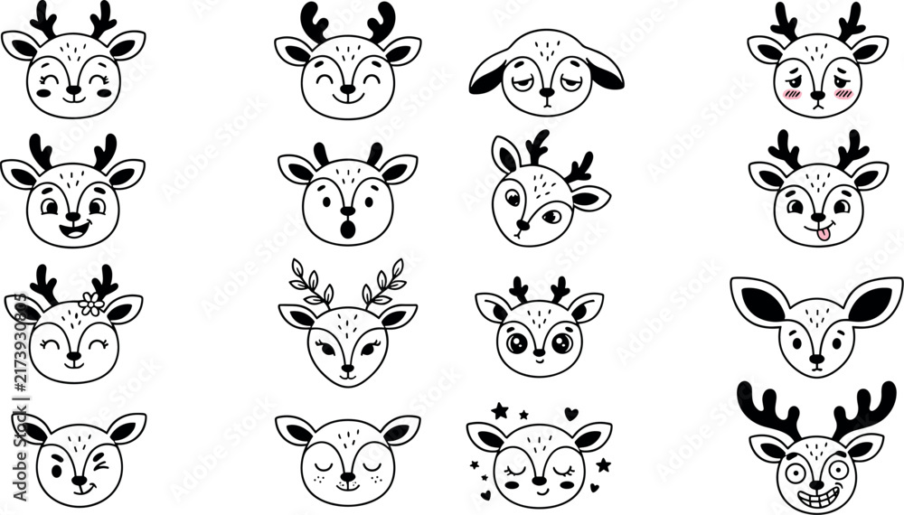Fototapeta premium Cute Cartoon Deer Face Character Expressions Vector Line Art Icon Set for ChristmasCute Cartoon Deer Face Character Expressions Vector Line Art Icon Set for Christmas