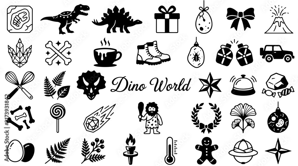 Fototapeta premium Dino World prehistoric icon set, black dinosaur silhouettes and fossils, ancient nature and paleontology vector elements isolated on Transparent Background