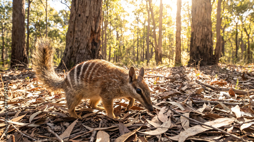 Numbat Foraging for Termites in Sun-Dappled Australian Bushland Forest Floor