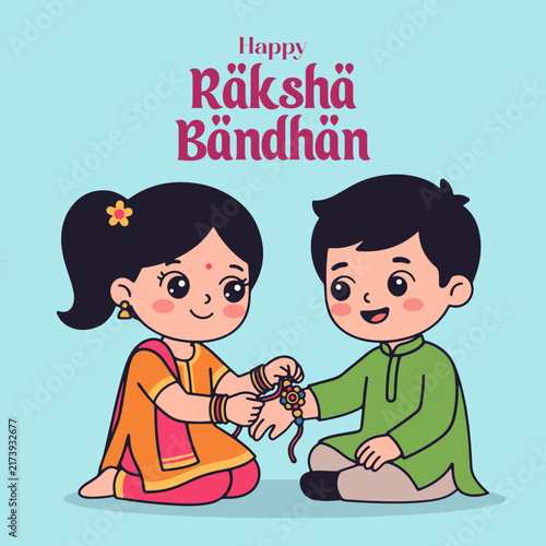 Happy Raksha Bandhan Cute Sister Tying Rakhi on Brother Vector Illustration