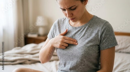 Woman Experiencing Chest Pain Or Discomfort In Bedroom Setting