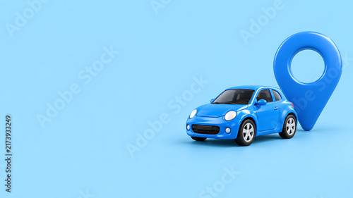 Miniature blue car with a 3D pin location on a sky-blue background with copy space. Clean modern navigation and GPS travel concept