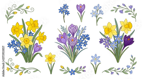 Spring Crocus Flowers Growing in Garden Grass, Colorful Spring Blossom Floral Plants with Green Leaves, Natural Flowering Meadow and Seasonal Garden Decoration