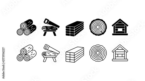 Timber and Wood Industry Icon Set in Silhouette and Outline Styles