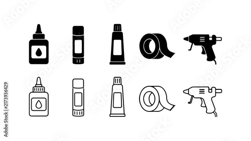 Foto Adhesive Tools Icon Set in Silhouette and Outline Style Vector