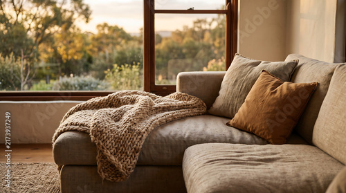 A comfortable fabric sofa illuminated by golden light with a casually draped knitted throw. Realistic home lifestyle scene with a peaceful atmosphere