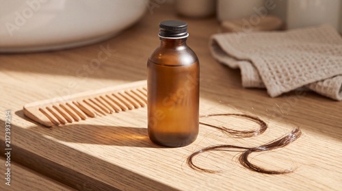 Amber glass hair tonic bottle with a comb on a wooden surface, accompanied by strands of hair