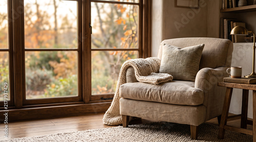Comfortable armchair with a soft wool blanket beside a sunlit window. Warm natural light and tactile fabrics create an inviting home atmosphere