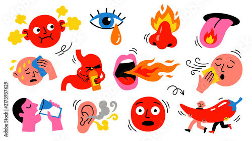 Set of expressive icons showing reactions to spicy food with human faces and body parts, eating experience, culinary heat sensation, hot chili
