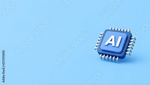 Microchip with AI text on a sky-blue background with copy space. Clean modern artificial intelligence and computer technology concept