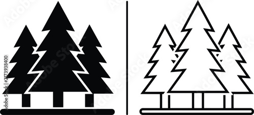 Картината върху платно Pine trees forest landscape silhouette and outline vector icon set with tree set