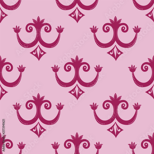 Decorative folk motif seamless pattern with symmetrical ornamental details