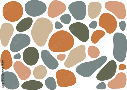 Diverse rounded pebble shapes in muted orange, grey, beige hues. Perfect for backgrounds, nature concepts, textures, and landscaping themes.