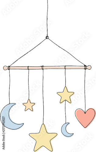 Nursery crib mobile with blue moons, yellow stars, and pink hearts. Ideal for baby room decor or infantrelated designs.