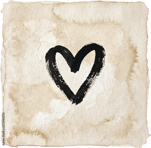 Black ink heart watercolor on textured paper with rough edges. Suitable for valentines day cards, invitations, and romantic designs.