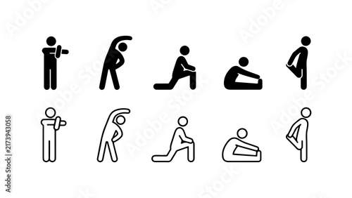 People Stretching Exercise Icons in Silhouette and Outline Style