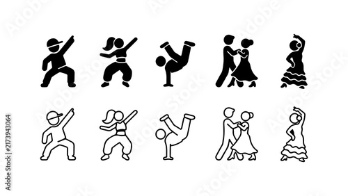Dance Styles Icon Set in Silhouette and Outline Vector